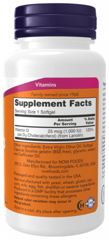 NOW High Potency Vitamin D-3 1000 IU, Высокоэффективный витамин Д-3 1000 МЕ, 360 капсул